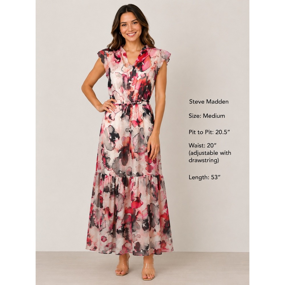 NWT Steve Madden Printed Chiffon Midi Dress Dark Blush Flora DP28090R Size Med